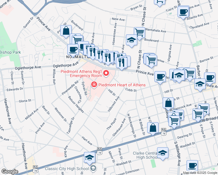 map of restaurants, bars, coffee shops, grocery stores, and more near 940 Hill Street in Athens