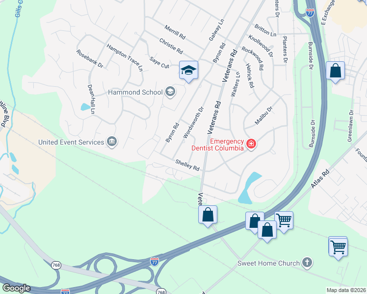 map of restaurants, bars, coffee shops, grocery stores, and more near 1026 Wordsworth Drive in Columbia