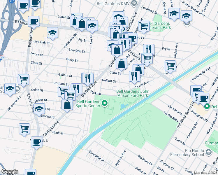 map of restaurants, bars, coffee shops, grocery stores, and more near 6335 Gotham Street in Bell Gardens
