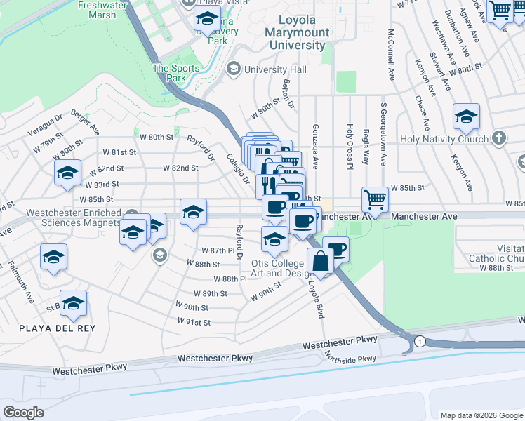 map of restaurants, bars, coffee shops, grocery stores, and more near 7241 West Manchester Avenue in Los Angeles