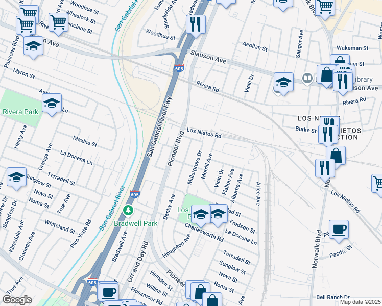 map of restaurants, bars, coffee shops, grocery stores, and more near 9112 Danby Avenue in Santa Fe Springs