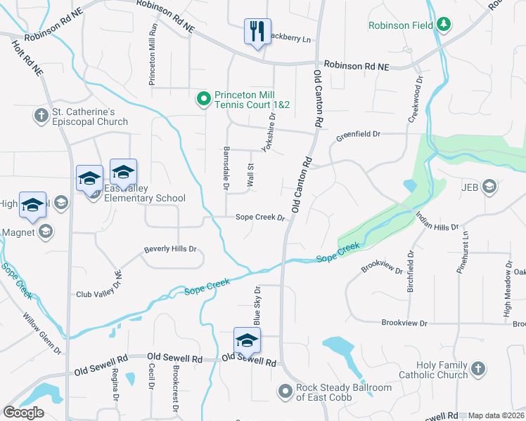 map of restaurants, bars, coffee shops, grocery stores, and more near 2955 Sope Creek Drive in Marietta