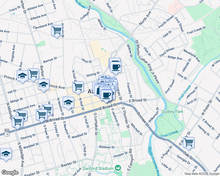 map of restaurants, bars, coffee shops, grocery stores, and more near 325 East Washington Street in Athens