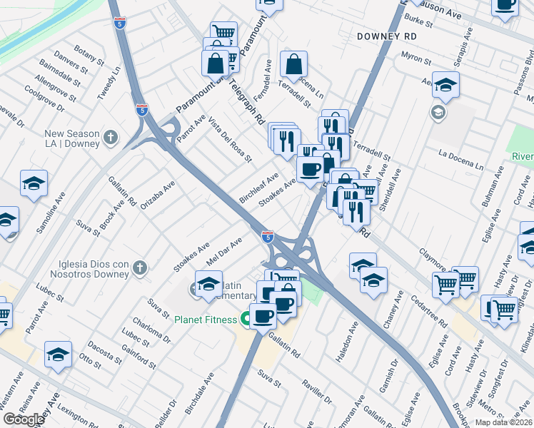 map of restaurants, bars, coffee shops, grocery stores, and more near 9029 Mel Dar Avenue in Downey