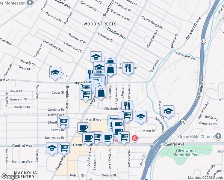 map of restaurants, bars, coffee shops, grocery stores, and more near 6045 Lawson Way in Riverside