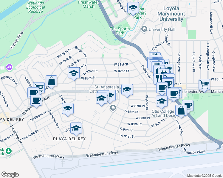 map of restaurants, bars, coffee shops, grocery stores, and more near 7447 Manchester Avenue in Los Angeles