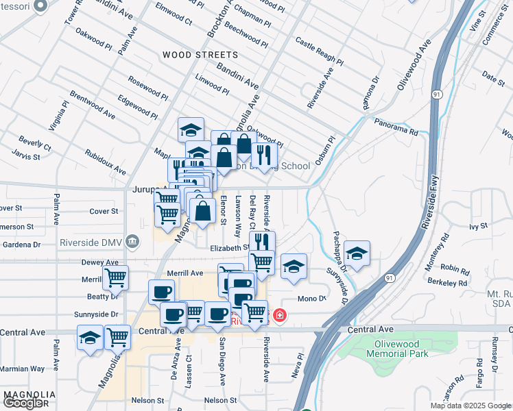 map of restaurants, bars, coffee shops, grocery stores, and more near 6044 Del Ray Court in Riverside