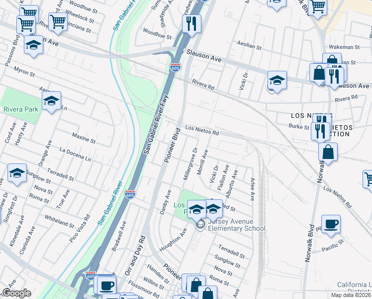 map of restaurants, bars, coffee shops, grocery stores, and more near 9112 Danby Avenue in Santa Fe Springs
