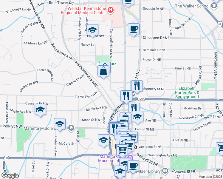 map of restaurants, bars, coffee shops, grocery stores, and more near 336 Campbell Hill Street Northwest in Marietta