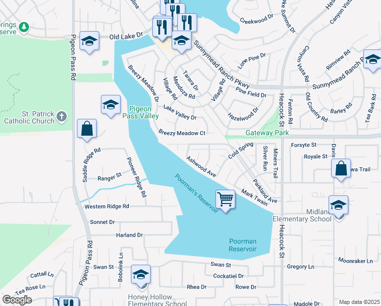 map of restaurants, bars, coffee shops, grocery stores, and more near 11060 Rocky Ridge Road in Moreno Valley