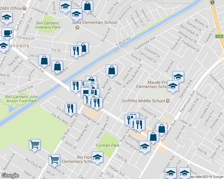 map of restaurants, bars, coffee shops, grocery stores, and more near 9836 Pomering Road in Downey