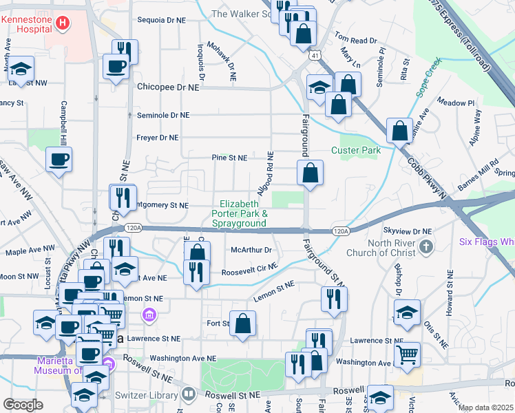map of restaurants, bars, coffee shops, grocery stores, and more near 345 Allgood Road in Marietta