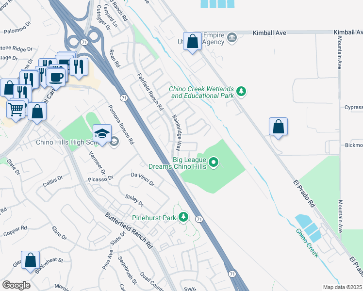 map of restaurants, bars, coffee shops, grocery stores, and more near 5697 Stanfield Court in Chino Hills