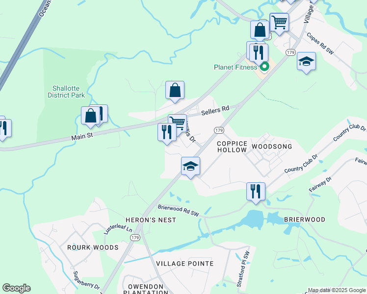 map of restaurants, bars, coffee shops, grocery stores, and more near 301 South Willis Drive in Shallotte