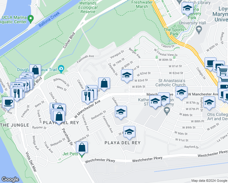 map of restaurants, bars, coffee shops, grocery stores, and more near 7857 West Manchester Avenue in Los Angeles