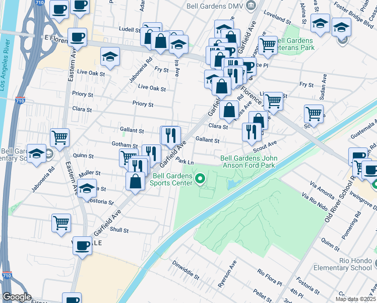 map of restaurants, bars, coffee shops, grocery stores, and more near 7835 Gilliland Avenue in Bell Gardens