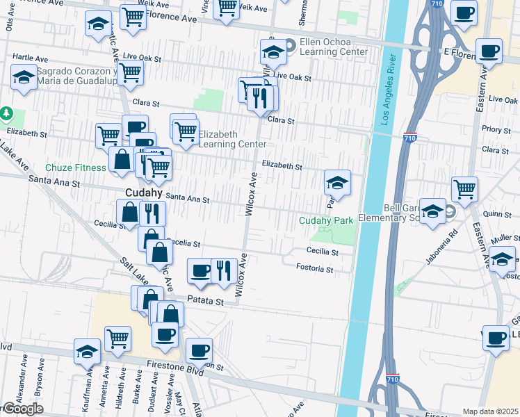 map of restaurants, bars, coffee shops, grocery stores, and more near 5016 Santa Ana Street in Cudahy