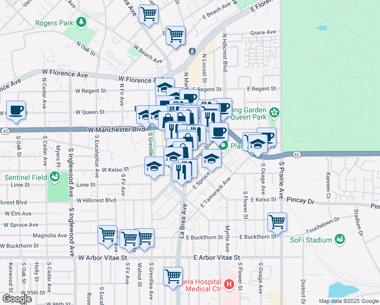 map of restaurants, bars, coffee shops, grocery stores, and more near 320 South Market Street in Inglewood