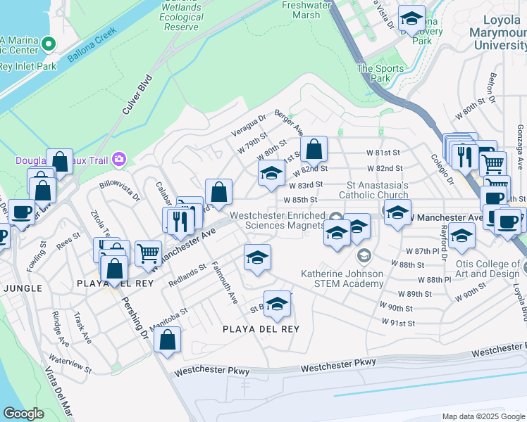 map of restaurants, bars, coffee shops, grocery stores, and more near 7825 West Manchester Avenue in Los Angeles