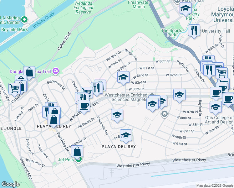 map of restaurants, bars, coffee shops, grocery stores, and more near 7841 West Manchester Avenue in Los Angeles