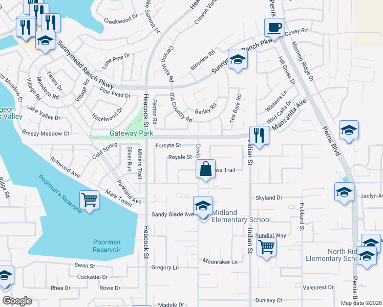 map of restaurants, bars, coffee shops, grocery stores, and more near 24218 Royale Street in Moreno Valley