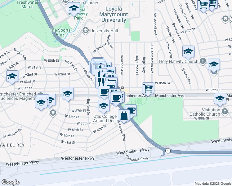 map of restaurants, bars, coffee shops, grocery stores, and more near 7151W West Manchester Avenue in Los Angeles