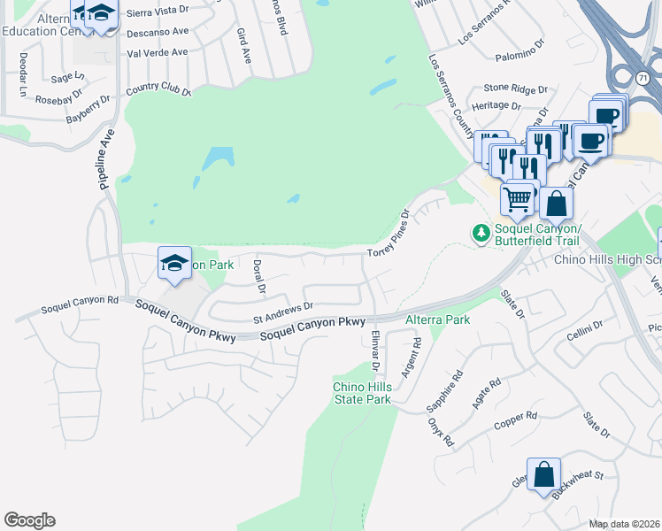 map of restaurants, bars, coffee shops, grocery stores, and more near 16155 Royal Troone Court in Chino Hills