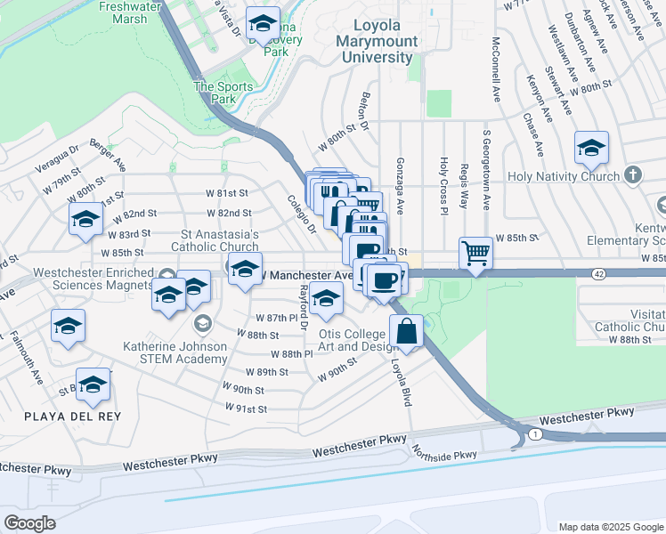 map of restaurants, bars, coffee shops, grocery stores, and more near 7263 West Manchester Avenue in Los Angeles