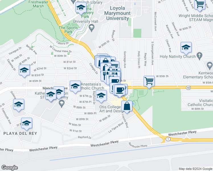 map of restaurants, bars, coffee shops, grocery stores, and more near 7241 West Manchester Avenue in Los Angeles