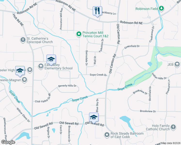 map of restaurants, bars, coffee shops, grocery stores, and more near 2915 Sope Creek Drive in Marietta