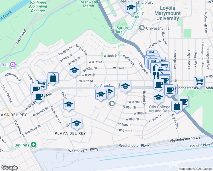 map of restaurants, bars, coffee shops, grocery stores, and more near 7449 Manchester Avenue in Los Angeles