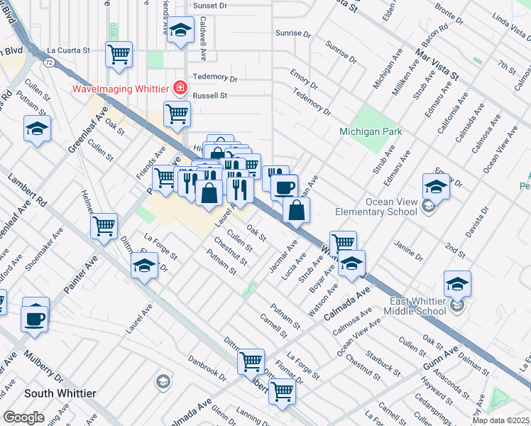map of restaurants, bars, coffee shops, grocery stores, and more near 13710 Whittier Boulevard in Whittier