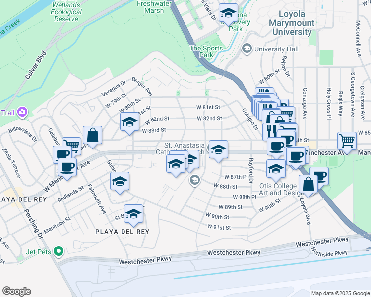 map of restaurants, bars, coffee shops, grocery stores, and more near 7447 Manchester Avenue in Los Angeles