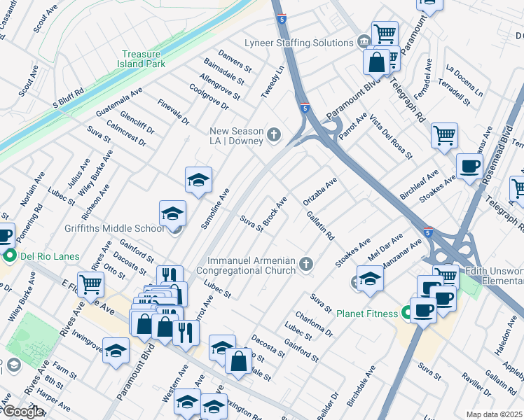 map of restaurants, bars, coffee shops, grocery stores, and more near 9330 Parrot Avenue in Downey
