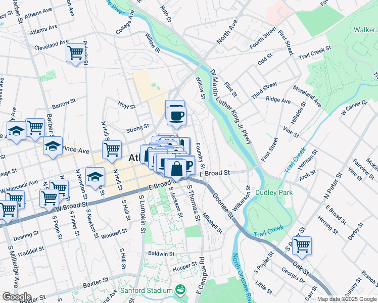 map of restaurants, bars, coffee shops, grocery stores, and more near 300 North Thomas Street in Athens