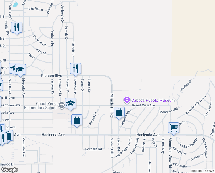 map of restaurants, bars, coffee shops, grocery stores, and more near 12280 Miracle Hill Road in Desert Hot Springs