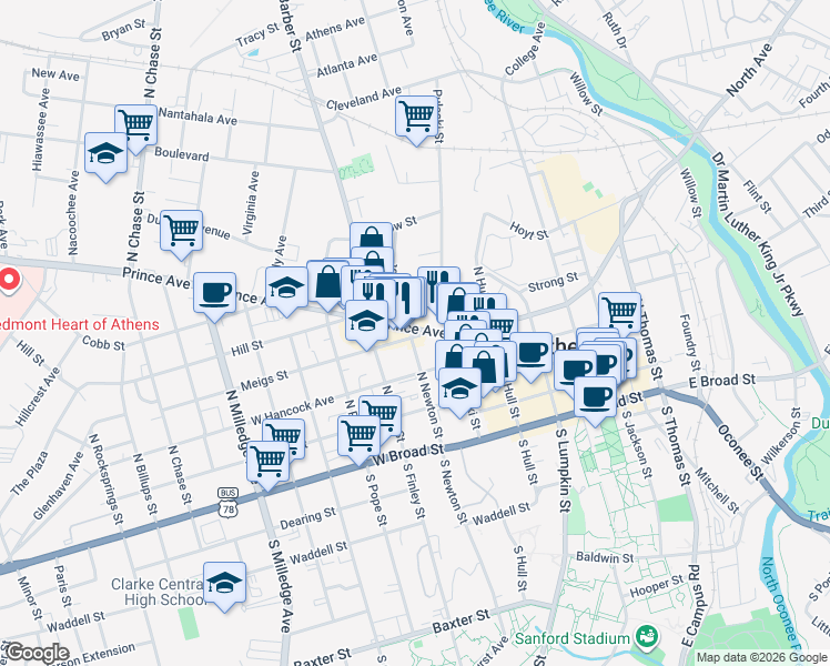 map of restaurants, bars, coffee shops, grocery stores, and more near 199 Prince Avenue in Athens