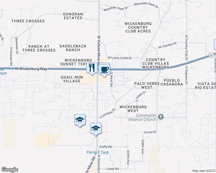 map of restaurants, bars, coffee shops, grocery stores, and more near 460 Southwest Road in Wickenburg