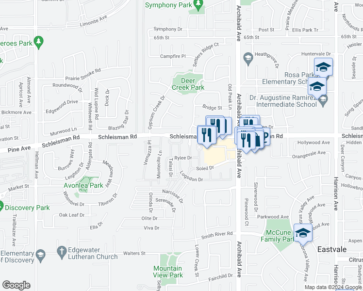 map of restaurants, bars, coffee shops, grocery stores, and more near 7034 Logsdon Drive in Corona