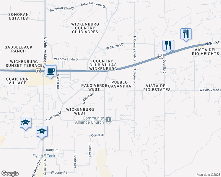 map of restaurants, bars, coffee shops, grocery stores, and more near 1567 Calle Encantado in Wickenburg