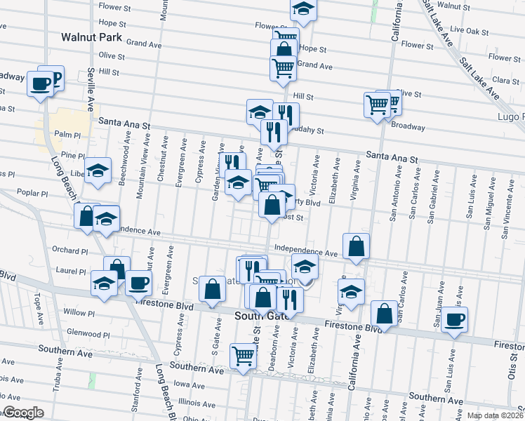 map of restaurants, bars, coffee shops, grocery stores, and more near 3215 Post Street in South Gate