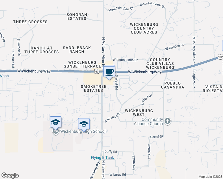 map of restaurants, bars, coffee shops, grocery stores, and more near 460 South West Road in Wickenburg