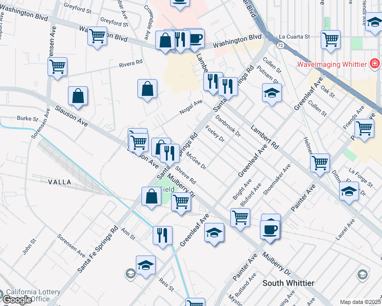 map of restaurants, bars, coffee shops, grocery stores, and more near 12619 McGee Drive in Whittier