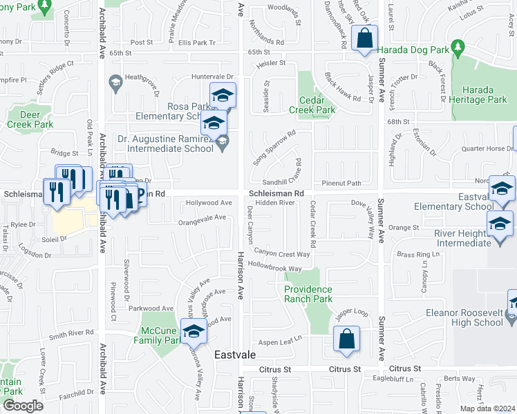 map of restaurants, bars, coffee shops, grocery stores, and more near 13761 Hidden River in Corona