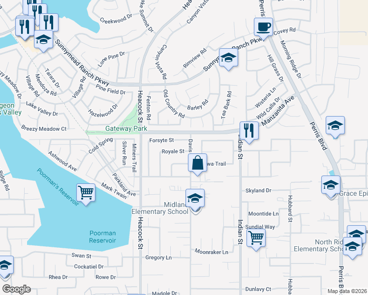 map of restaurants, bars, coffee shops, grocery stores, and more near 24218 Royale Street in Moreno Valley