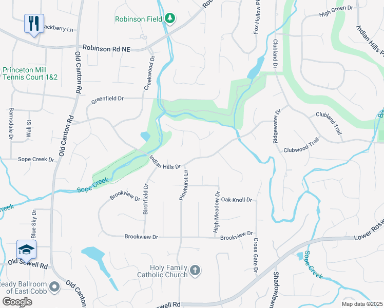 map of restaurants, bars, coffee shops, grocery stores, and more near 3415 Indian Hills Drive in Marietta