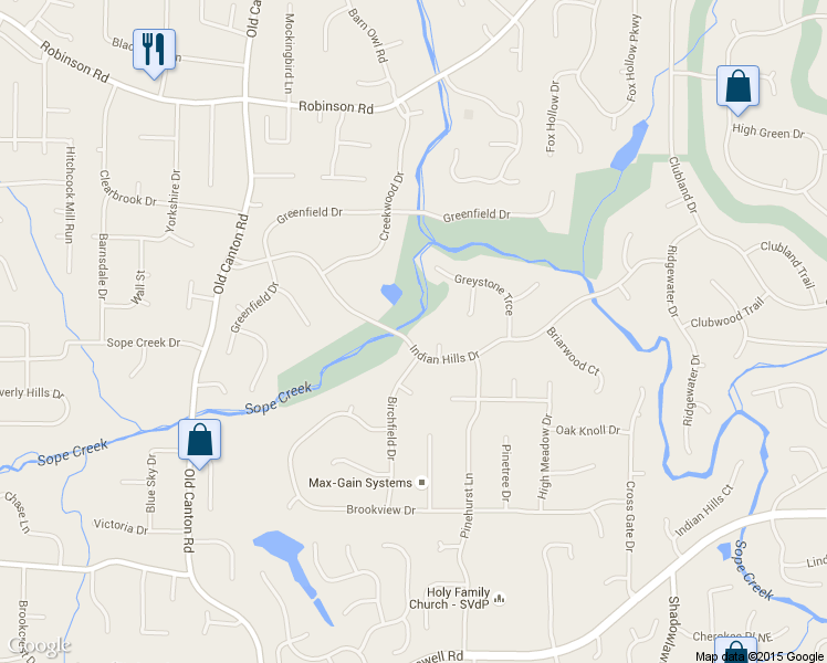 map of restaurants, bars, coffee shops, grocery stores, and more near 3315 Indian Hills Dr in Marietta