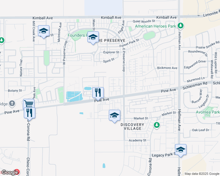map of restaurants, bars, coffee shops, grocery stores, and more near 16184 Spicebush Lane in Chino