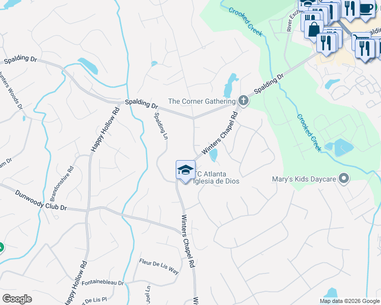 map of restaurants, bars, coffee shops, grocery stores, and more near 7600 Nesbit Ferry Road in Atlanta