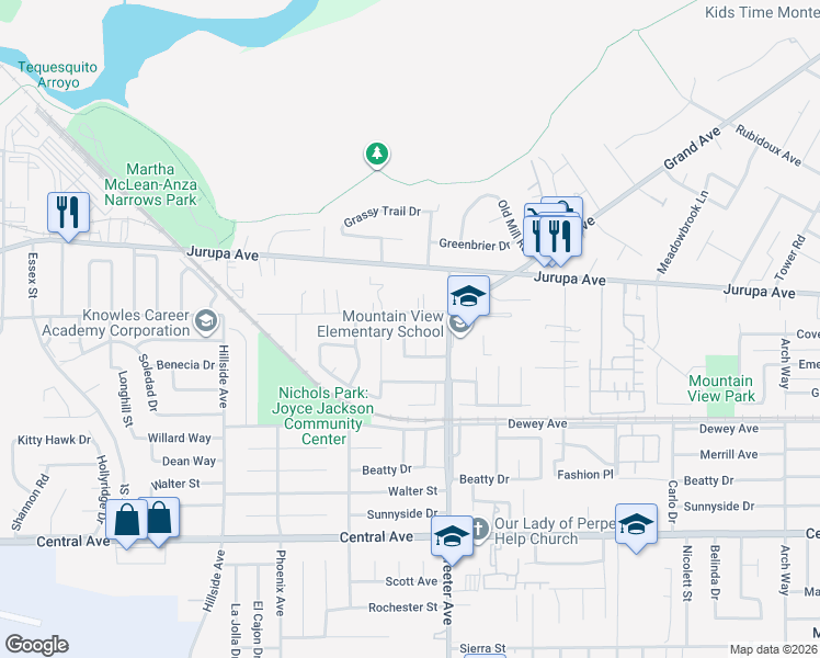 map of restaurants, bars, coffee shops, grocery stores, and more near 6146 Rhonda Road in Riverside